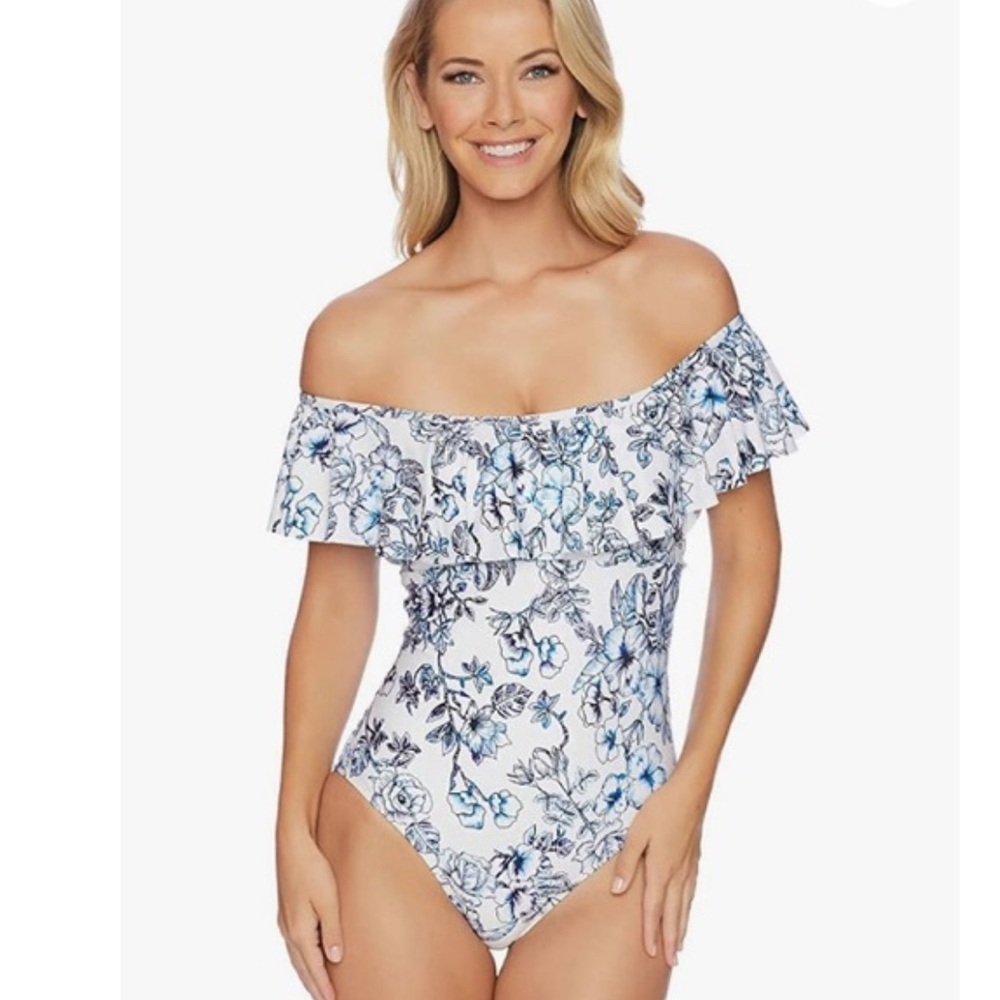 NWT Athena Floral One Piece Off-Shoulder Swimsuit Sz 8 $108